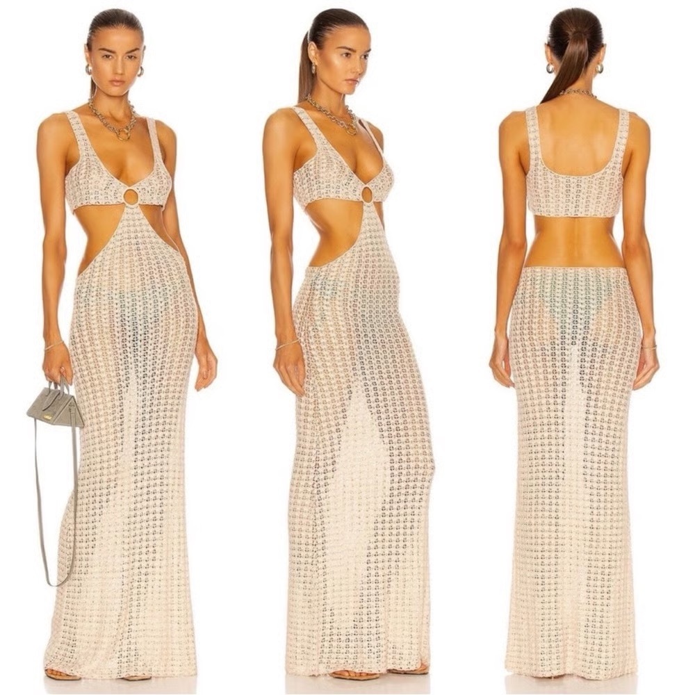 cult gaia Beige Crochet Maxi Dress with Cutouts